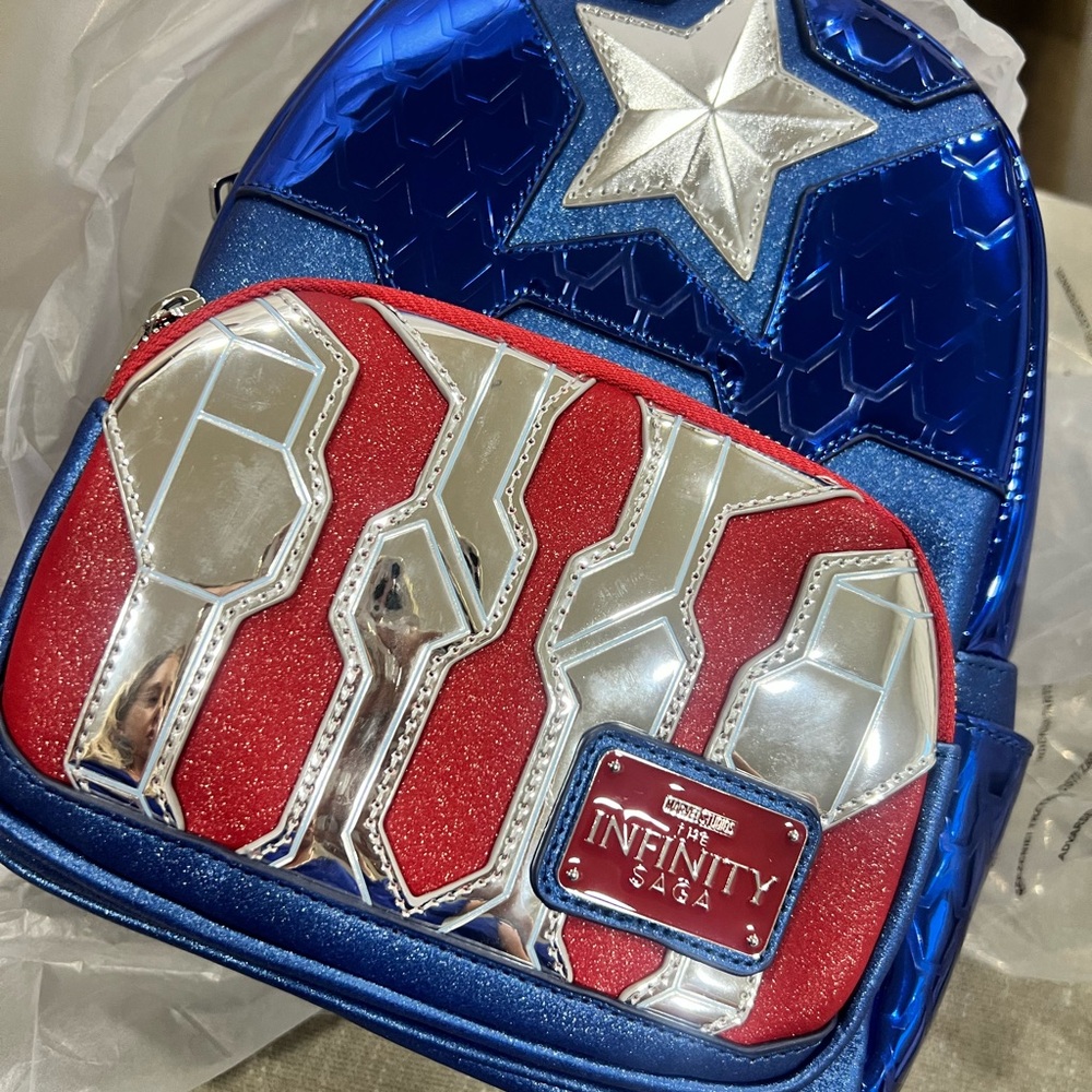 NWT LOUNGEFLY Marvel Metallic Captain America Cosplay Mini Backpack